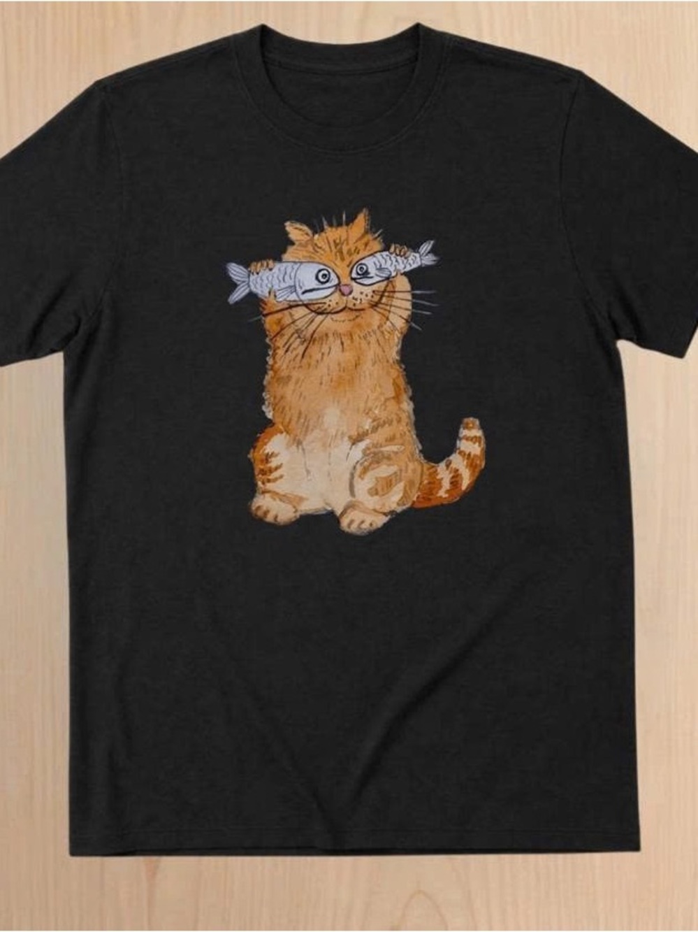 Cat fish Black Tee with Orange Tabby Cat Holding Fish Graphic